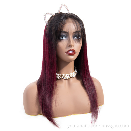 Wholesale Ombre Color Burgundy Red 4x4 Lace Closure Wigs 1b 99J Brazilian Human Virgin Hair HD Lace Front Wig for Black Woman